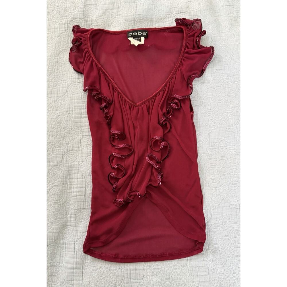 Bebe 90s Y2K Made In USA Sheer Red Ruffle Sequin Babydoll Top Tank Sz S Fairy